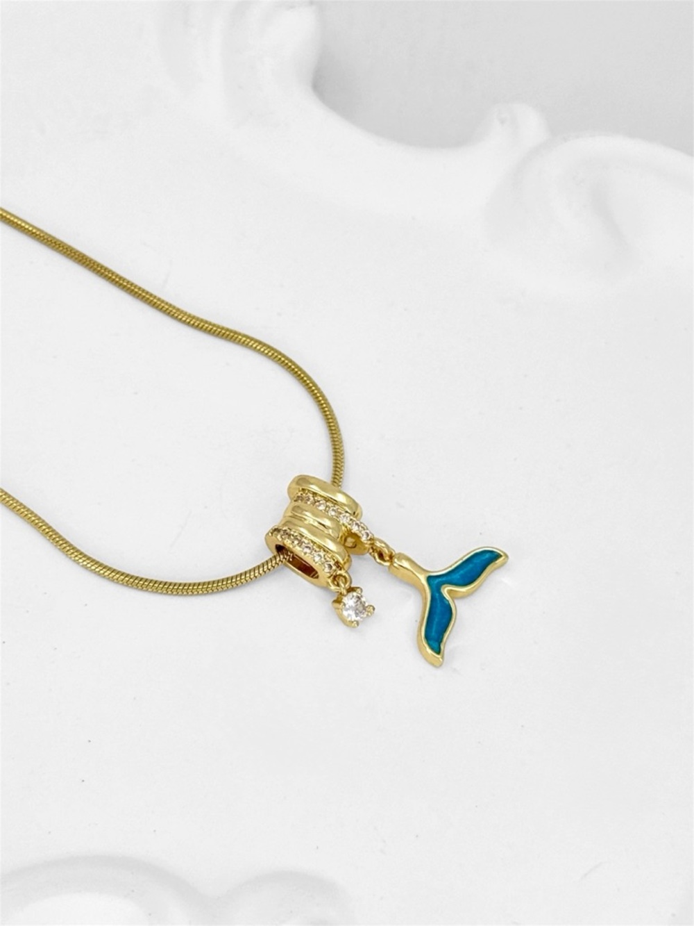 14K Gold Plated Whale Tail Necklace with Blue Enamel & Sparkling Zircon Charms - Picture 6 of 11